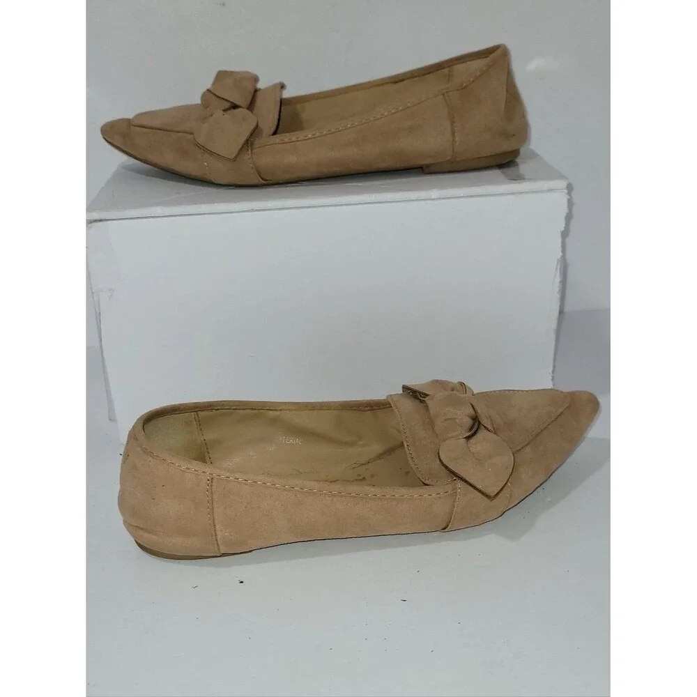Bamboo Size 7 Women’s Pointed Toe Knot Detail Flats - Brown / Tan
